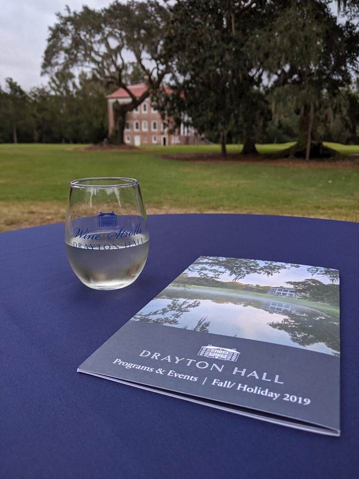 This is picture of a wine glass promoting the Fall Wine Strolls at Drayton Hall Estate.